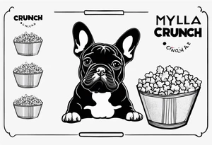 a pop corn bag with written on it Myla's crunch and the head of a french bulldog as a logo on the bag tattoo idea