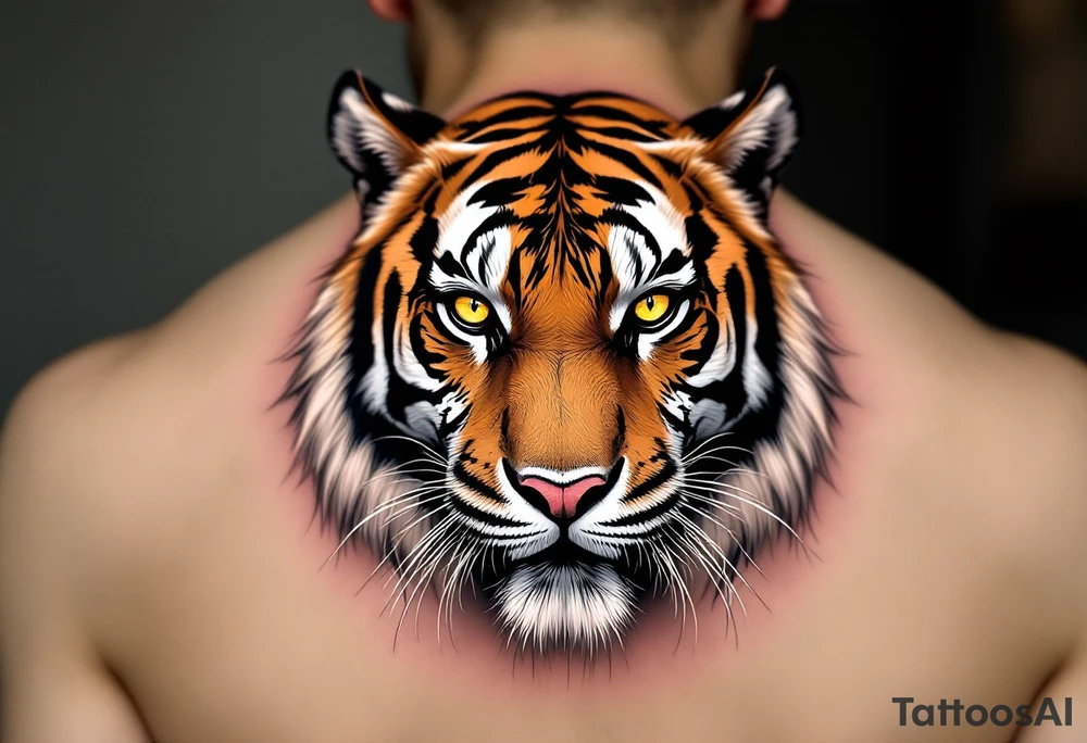 A tiger with piercing yellow eyes, fur detailed in deep orange, white, and jet black stripes include shadows as well tattoo idea