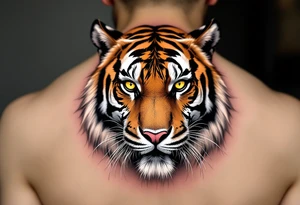 A tiger with piercing yellow eyes, fur detailed in deep orange, white, and jet black stripes include shadows as well tattoo idea