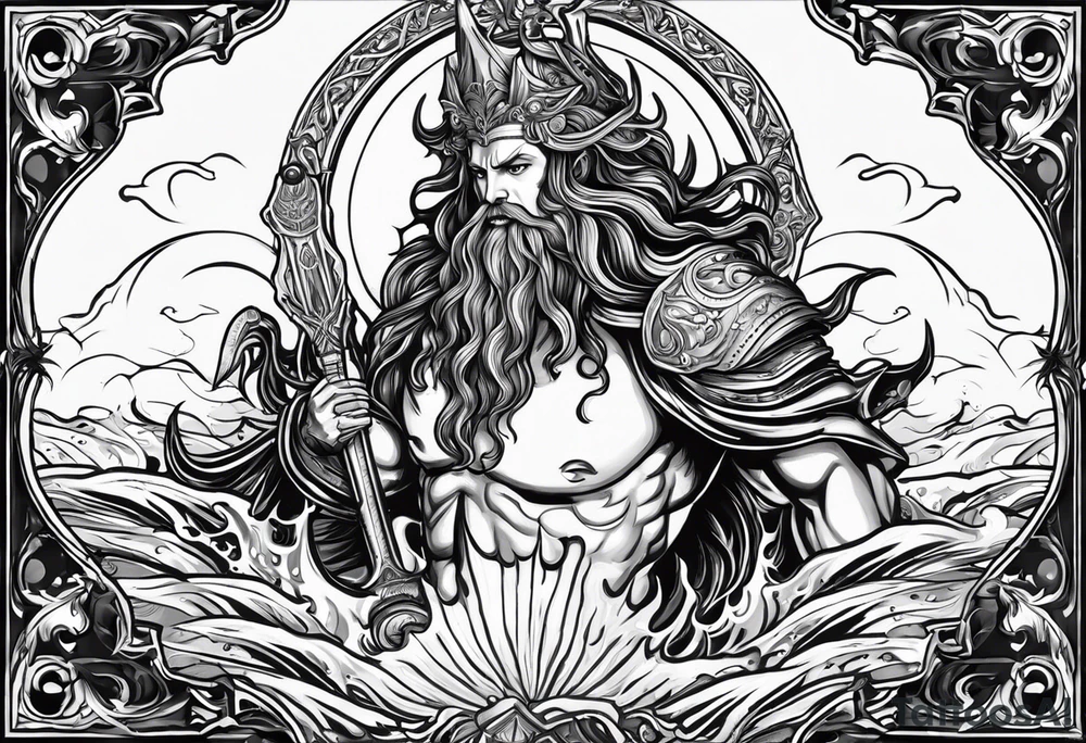 Aquarius water bearer, monster. With a gothic frame and mythological creatures. tattoo idea