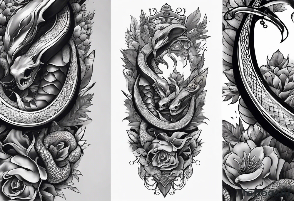 sleeve tattoo with a snake, gun, weed symbol tattoo idea