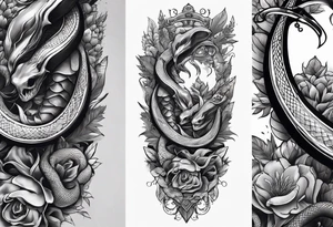 sleeve tattoo with a snake, gun, weed symbol tattoo idea