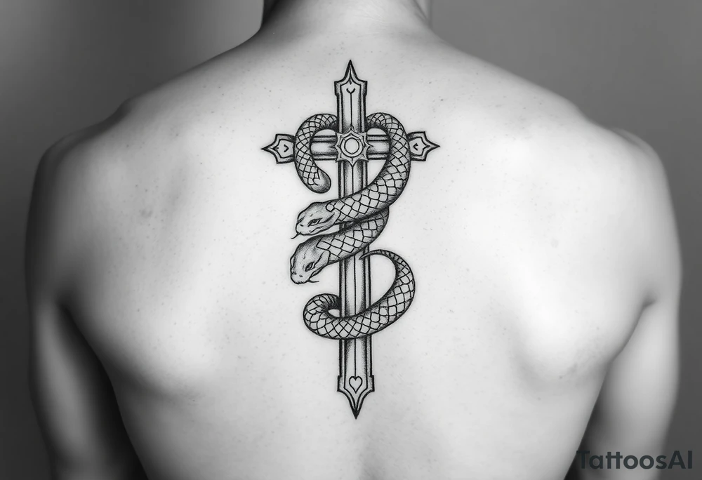 black and white drawing of a cross and a snake wrapped around it, leviathan cross, engulfed by a snake, which forms an infinity loop. The snake is depicted with intricate scales and a menacing expression, coiling tightly around the vertical shaft of the cross. The overall composition is bold and simplistic tattoo idea