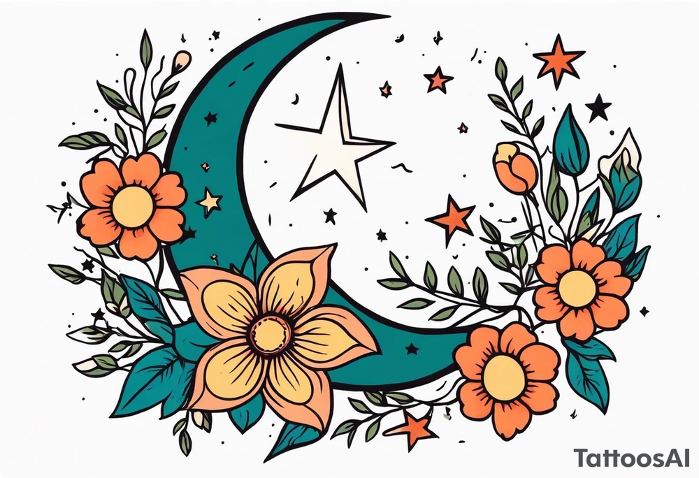 stars and moon

old school vintage simple traditional design with vintage flowers surrounding
bold color simple tattoo idea