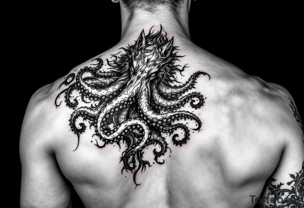 Fantasy Wolf octopus in the arm tattoo idea