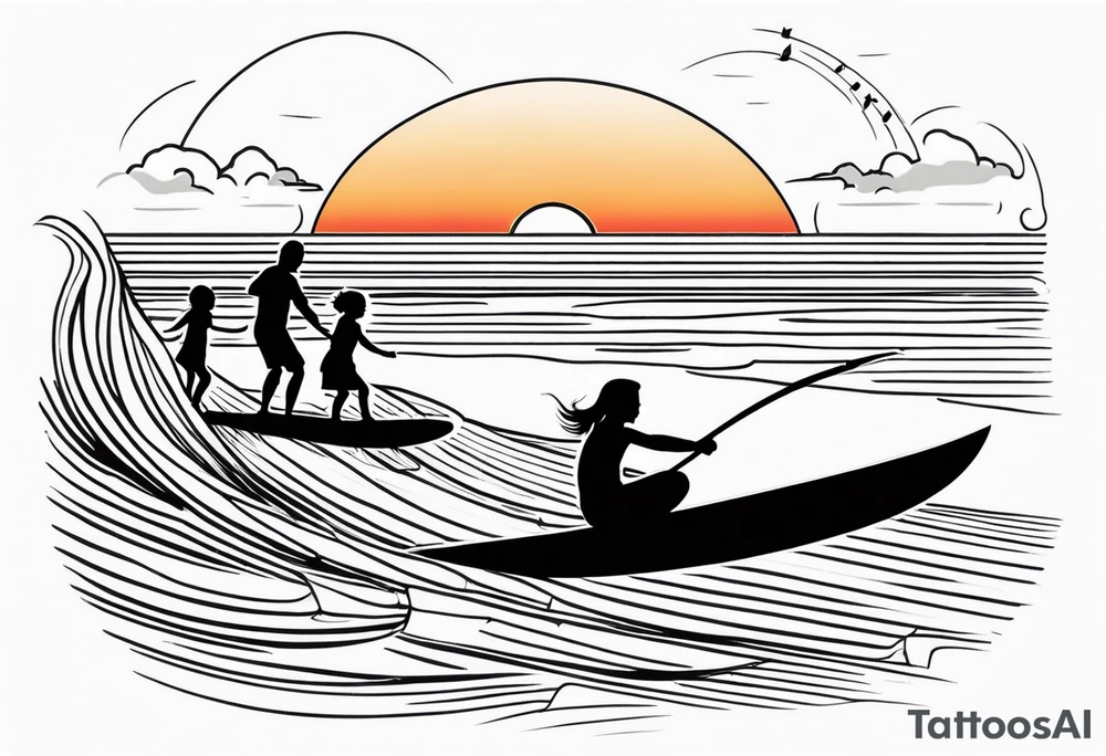 Black and white Line work tattoo depicting a father surfing with his two daughters.  The sunset and horizon have musical notes. tattoo idea