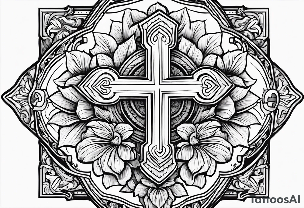 Cross with text In GOD we trust, flowers tattoo idea