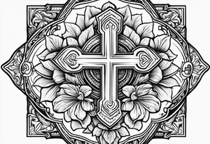 Cross with text In GOD we trust, flowers tattoo idea