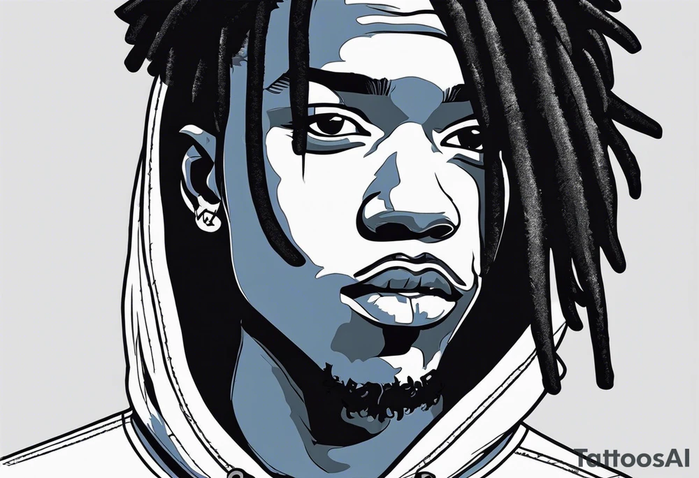 black well built teen with with a grey hoodie on and blue jeans with long dreads turning into a blue wildcat in various spots on his body. I want his hoodie appear as if its been ripped in random places from the inside with I Carolina blue football jersey showing underneath that reads Camden tattoo idea