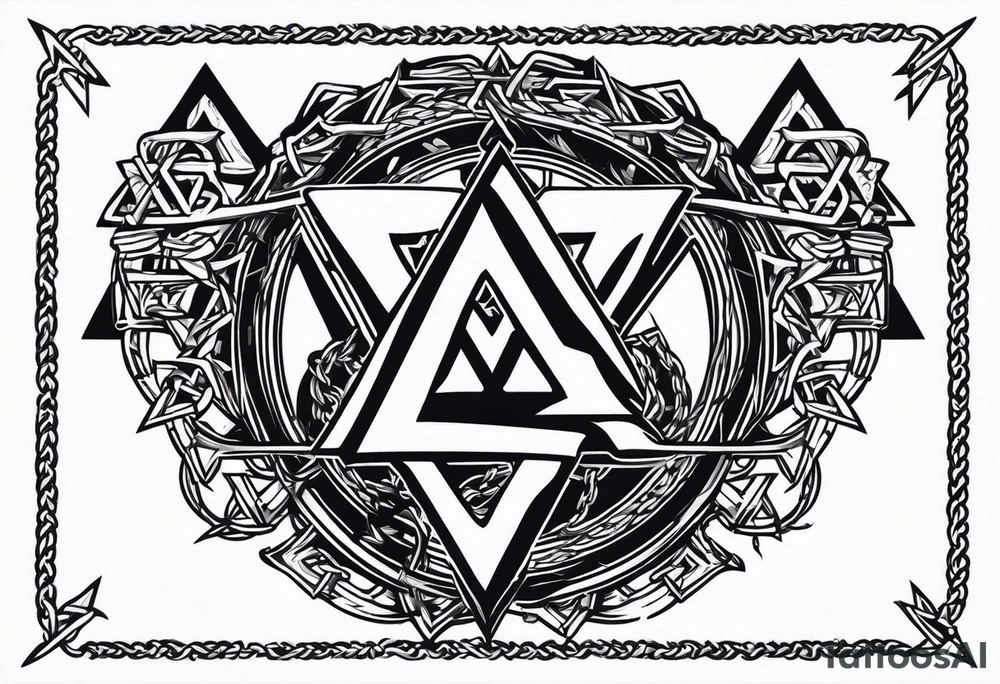 Valhalla sword shield axe barbed wire chains valknut tattoo idea