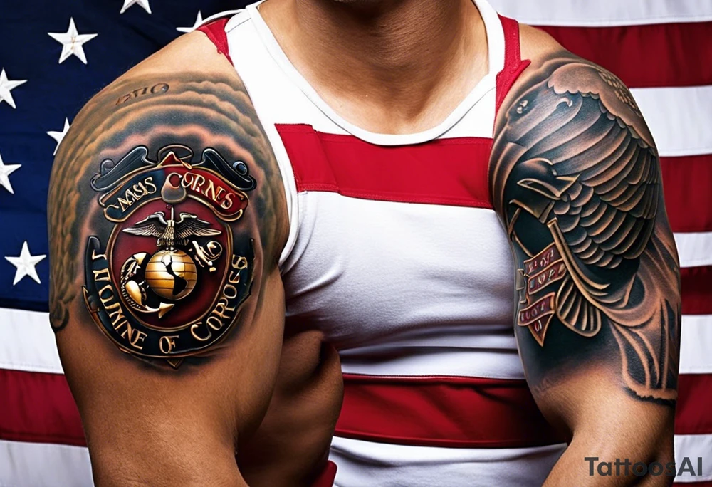 A Marine Corps sleeve tattoo with a memorial theme typically incorporates elements that honor fallen comrades or signify remembrance. Here’s a detailed description:

The tattoo begins at the shoulder, where the Marine Corps emblem, the eagle, globe, and anchor, is prominently displayed. The eagle is tattoo idea