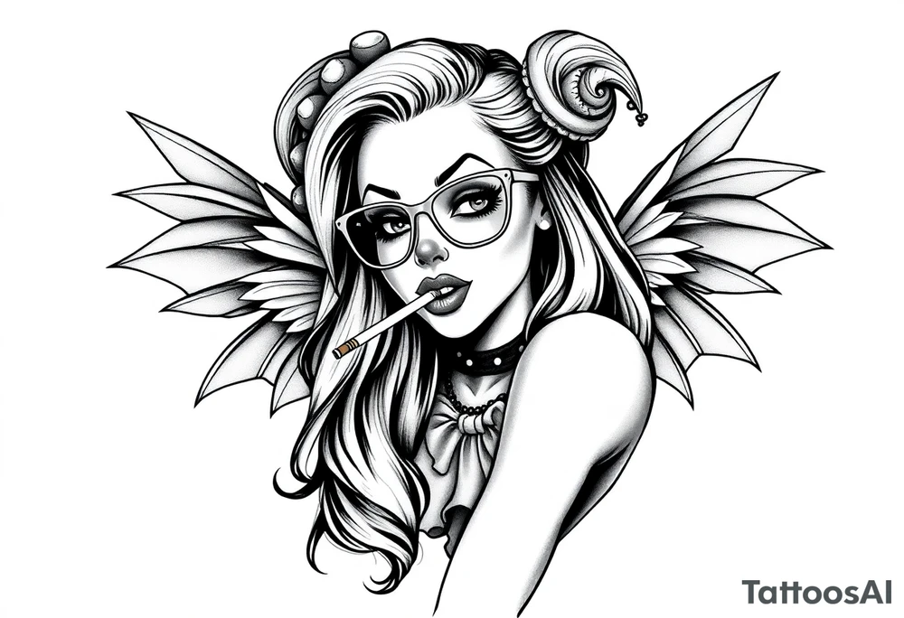 beautiful long hair pin up Clown Girl thug eyeglasses fairy wings smoking a cigarette tattoo idea