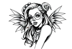 beautiful long hair pin up Clown Girl thug eyeglasses  fairy wings smoking a cigarette tattoo idea