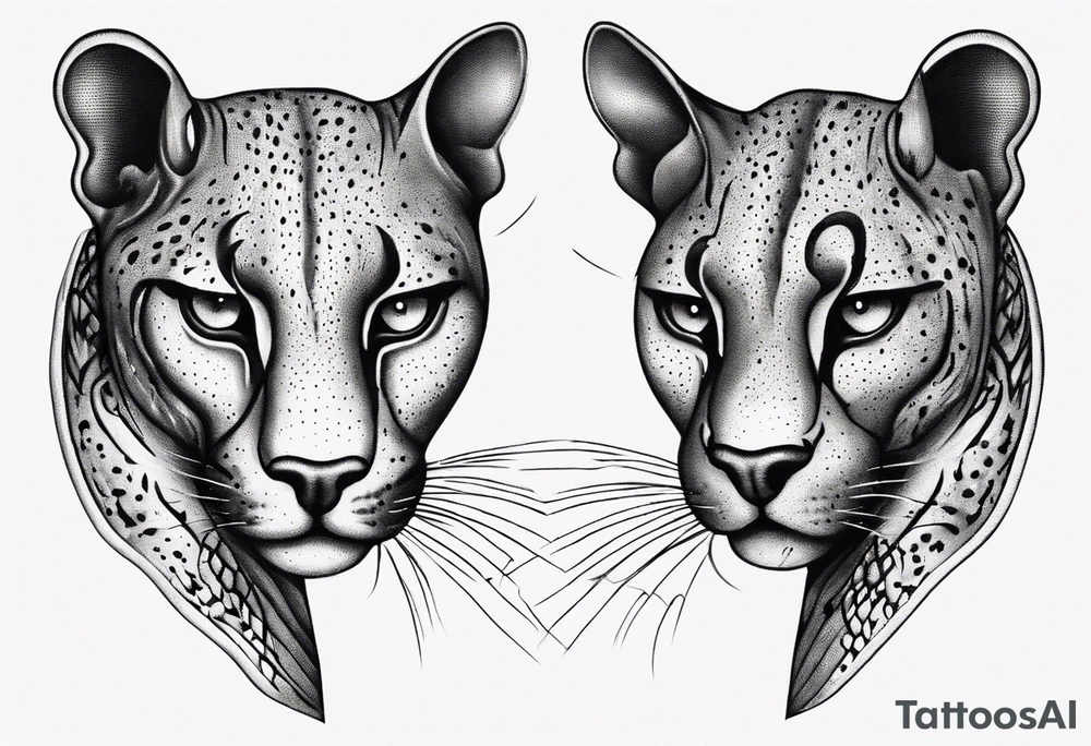 Two black pumas walking past each other and looking at each other tattoo idea