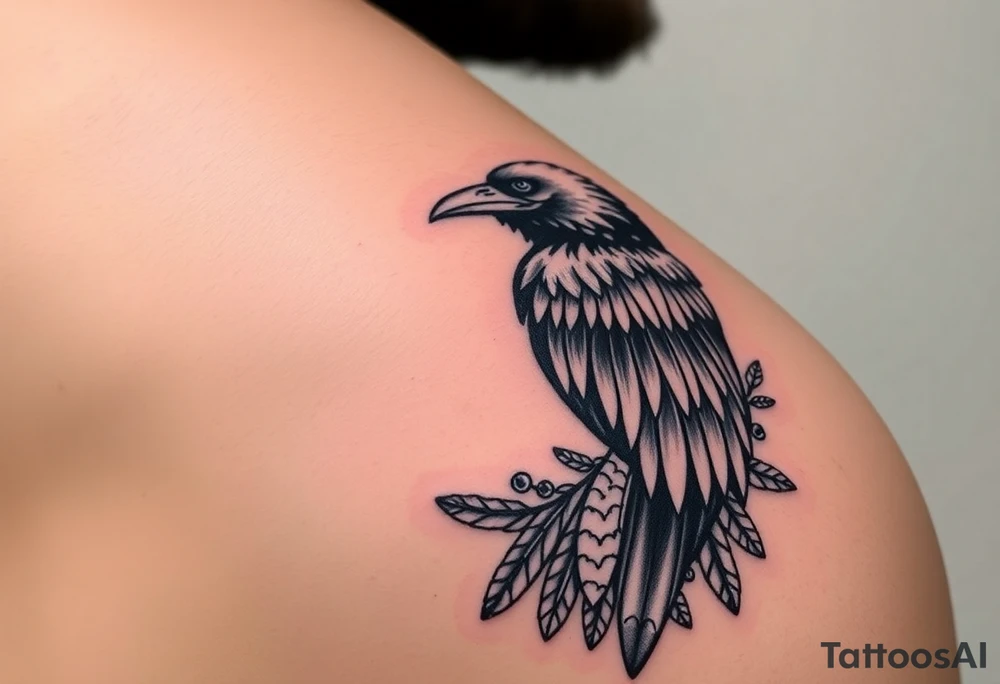 Raven skeleton with peackock feathers and ornaments around tattoo idea