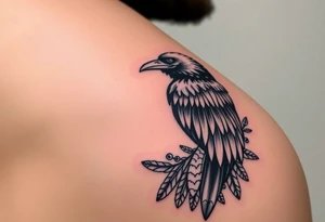 Raven skeleton with peackock feathers and ornaments around tattoo idea