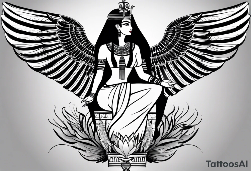 black and white Egyptian goddess Isis, who is often depicted as a woman with outstretched wings, holding an ankh (a symbol of life) in one hand and a lotus flower in the other. Her headdress often includes a throne or a solar disk. The tattoo design can vary in style and size, but it typically aims to capture the essence of this revered Egyptian deity, emphasizing her beauty, power, and maternal qualities. The choice of colors and additional elements can also be customized to create a unique and visually striking representation of the goddess Isis tattoo idea