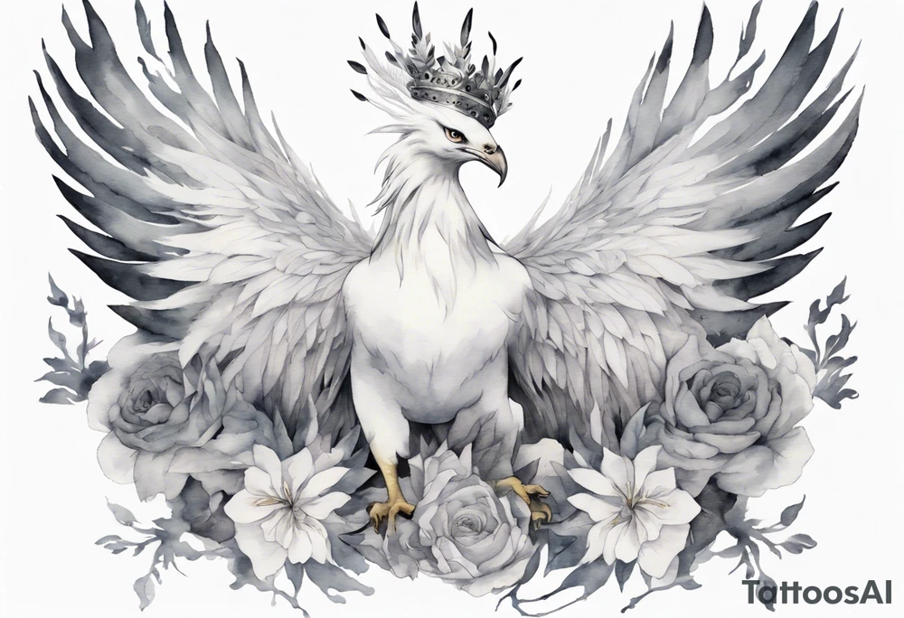 a white phoenix wearing a grey crown tattoo idea