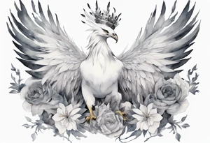 a white phoenix wearing a grey crown tattoo idea