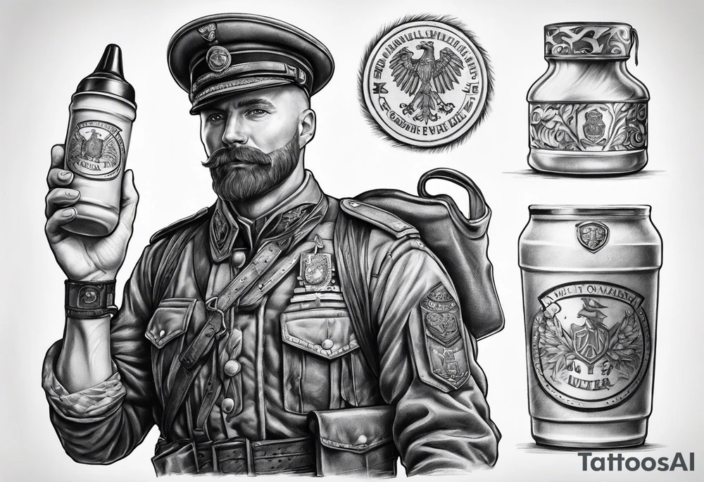 sven is a german doctor and soldier he holds a bottle of milk in one hand and a knife in the other tattoo idea