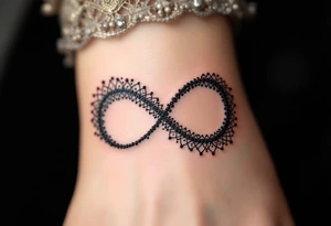 A lace-textured infinity outline in dark gray, with a soft burgundy heart sewn into the design. tattoo idea