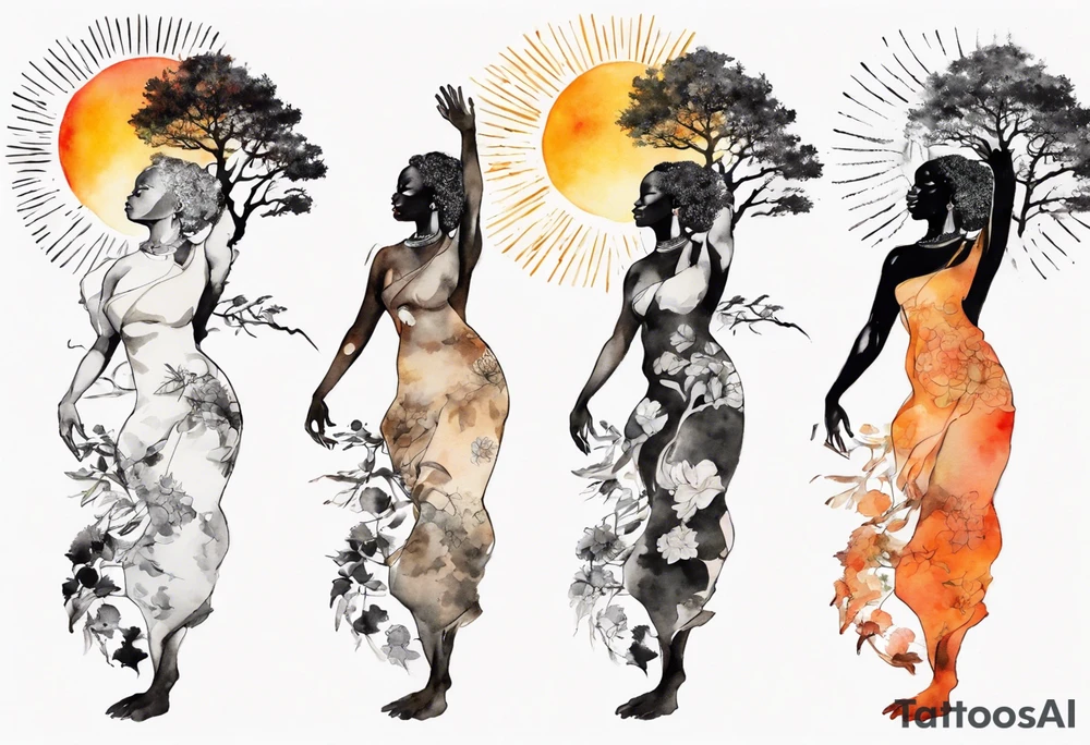 a tree that turns into a black woman reaching for the sun tattoo idea