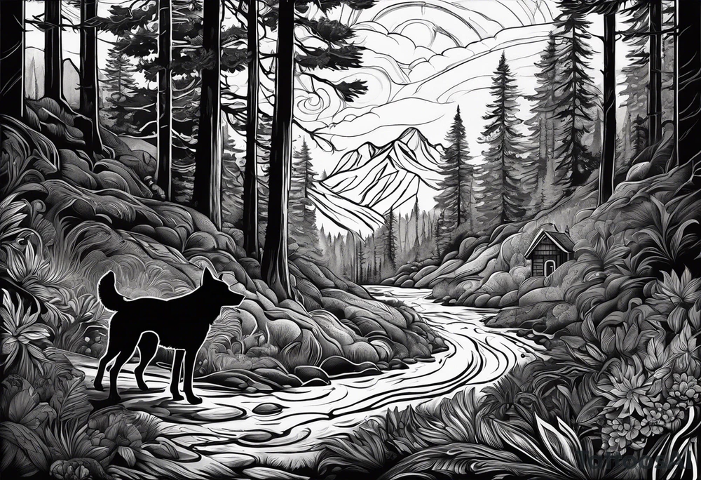 A shadow of a father and wife and young son and young daughter  of four and dog walking through the Pacific Northwest Forrest. Mexican art. Trust in God tattoo idea