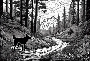 A shadow of a father and wife and young son and young daughter  of four and dog walking through the Pacific Northwest Forrest. Mexican art. Trust in God tattoo idea