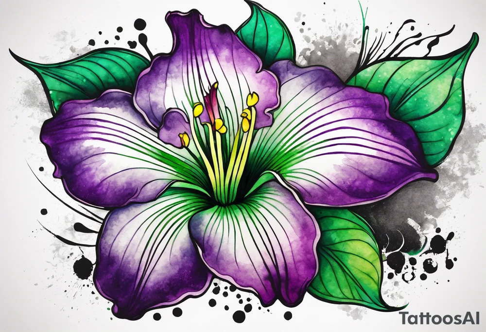 A mystical outline of a green and purple rio dipladenia flower and a green and purple watercolor splash in the background tattoo idea
