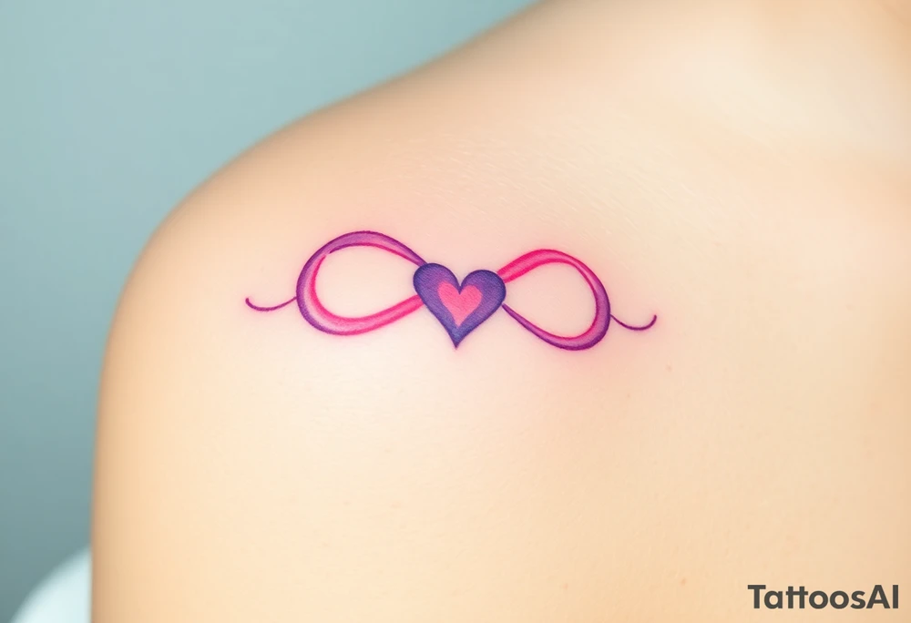 A soft watercolor infinity symbol blending pink and purple hues, with a tiny heart at the center, creating a dreamy effect tattoo idea