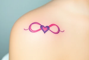 A soft watercolor infinity symbol blending pink and purple hues, with a tiny heart at the center, creating a dreamy effect tattoo idea