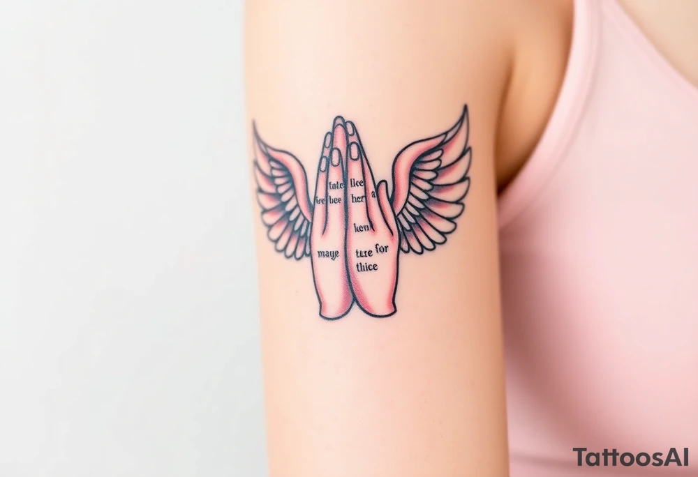 Prayer hand with names mixing in angel wings tattoo idea