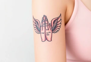 Prayer hand with names mixing in angel wings tattoo idea