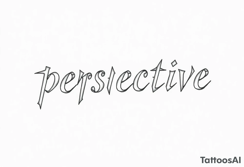 The word perspective written in thin font, each letter facing a different direction. Surrounded in 3D polygonal shapes tattoo idea