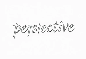 The word perspective written in thin font, each letter facing a different direction. Surrounded in 3D polygonal shapes tattoo idea