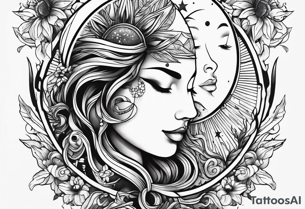 Exoteric tattoo with sun and moon tattoo idea