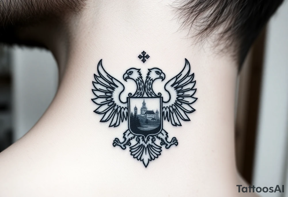 Traditional authentic Russian coat of arms with double headed eagle & a well shaded Christian orthodox virgin marry crest in the middle with silhouette of a lake in a Russian wilderness Christian orthodoxy dome church village setting on the side of my neck tattoo idea