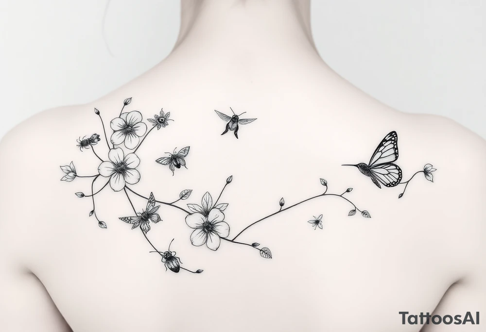 Flowers crawling on vines lady bugs dragon flys butterflies and hummingbirds tattoo idea