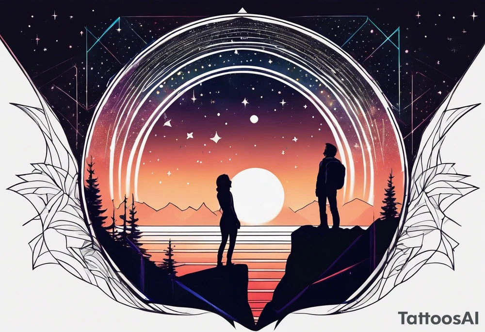 Two people standing together on Cliff looking at the universe tattoo idea