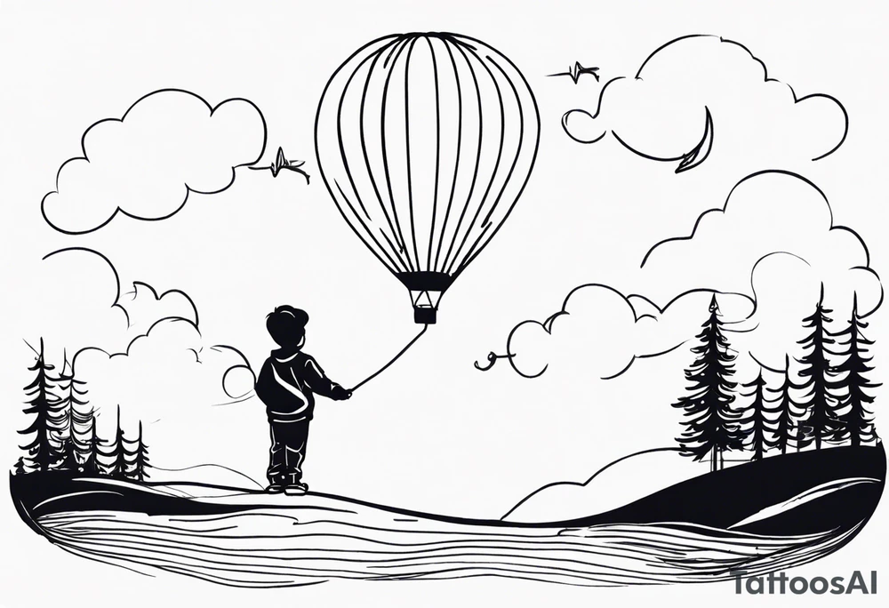 tatoo in sketch style only.
A little boy is holding a string to the hearth shaped baloon.
boy should be drawed from behinfd anhas one hand reaching up in 45 degree angle and holding the baloon string
the string has a big wave look like a hearbeat pulse.
hearth party baloon is tattoo idea