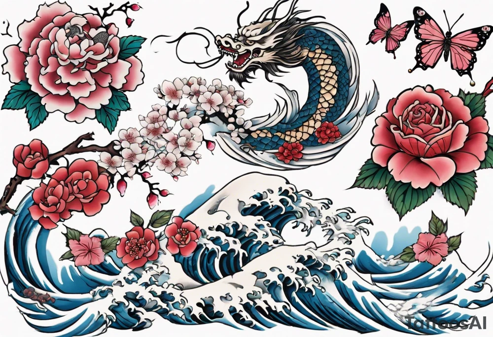 Japanese floral cherry blossom and irezumi back ground filler for traditional Chinese dragon and great waves and rose and butterfly tattoo tattoo idea