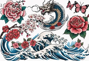 Japanese floral cherry blossom and irezumi back ground filler for traditional Chinese dragon and great waves and rose and butterfly tattoo tattoo idea