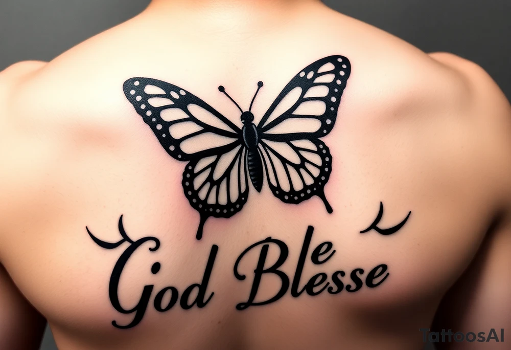 The words No Rush with a monarch butterfly in the same tatto with the words God Bless with a fishing pole. Tattoo is masculine for the upper arm tattoo idea