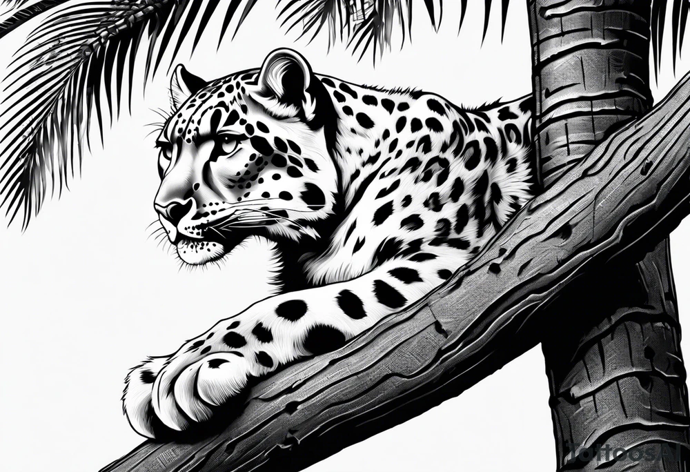 snow leopard laying on palm tree tattoo idea