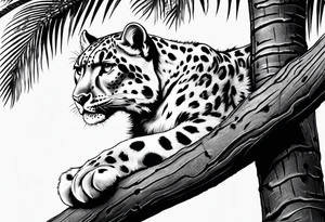 snow leopard laying on palm tree tattoo idea