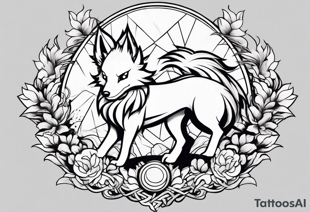 ninetails facing us, small and cute, it's in the center while the tails are surrounding the background tattoo idea