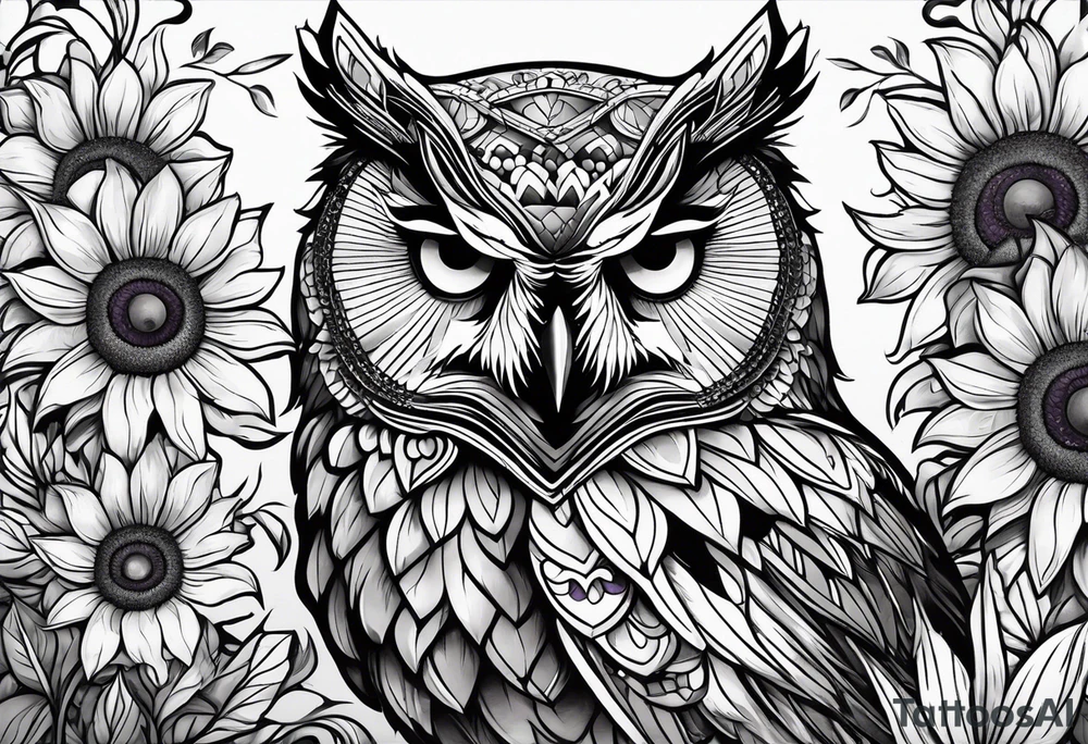 Black and white owl shaded teal, pink and purple surrounded by yellow sunflowers sleeve tattoo idea