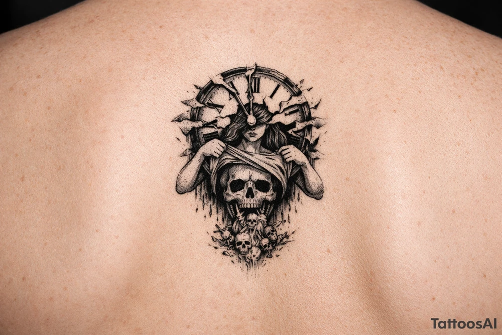 A clock being shredded apart by time with a woman pulling her shirt up to show a skull as her stomach puking death upon this world tattoo idea