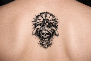 A clock being shredded apart by time with a woman pulling her shirt up to show a skull as her stomach puking death upon this world tattoo idea