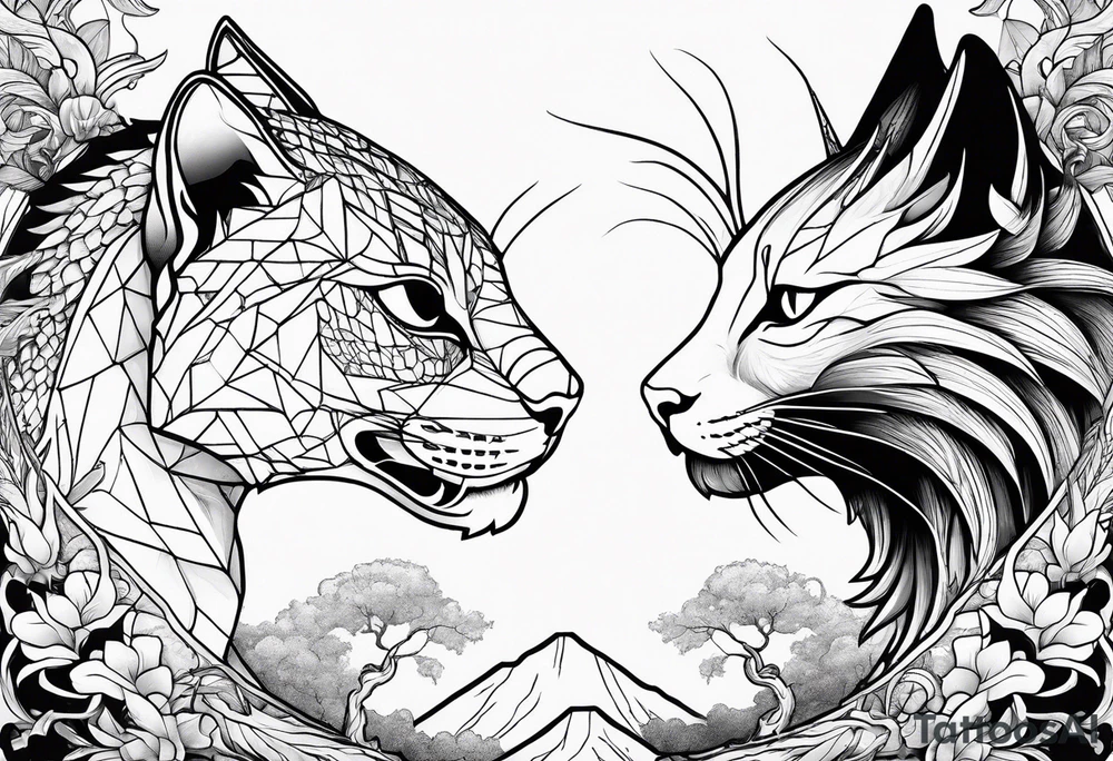 cat and dragon facing each other with nature background tattoo idea cat and dragon facing each other with nature background tattoo idea